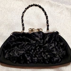 Kate Landry Black Ribbon Satin Purse With Rhinestones Closure Evening Bag